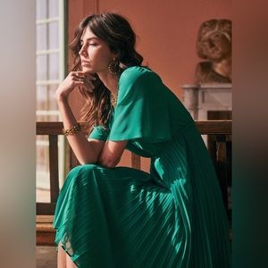 Sezane Emerald Green Pleated Midi Dress